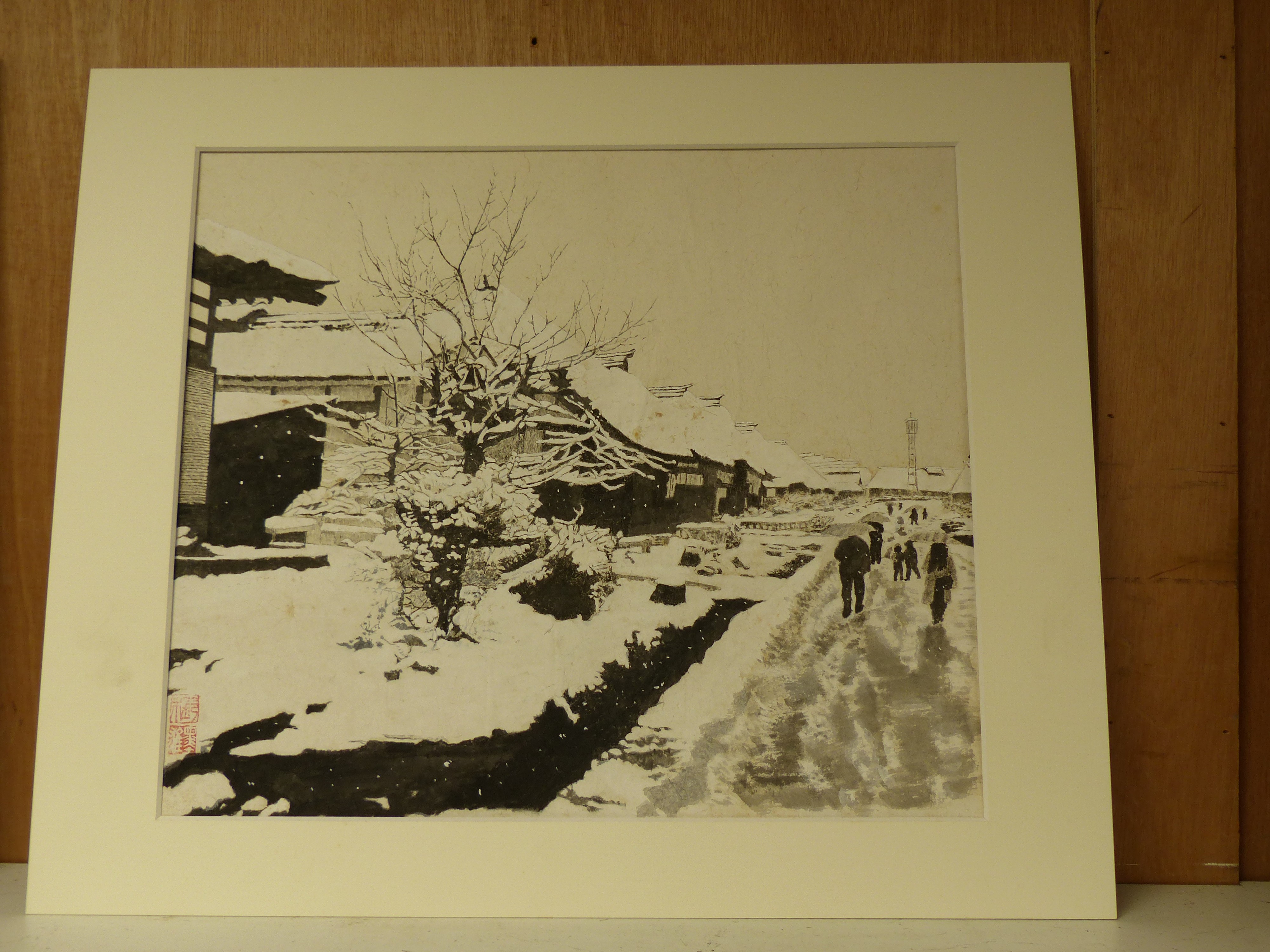 Sumio Suzuki, watercolour, Ouchi-Juku in the first snow, Japan, 42 x 36cm, unframed